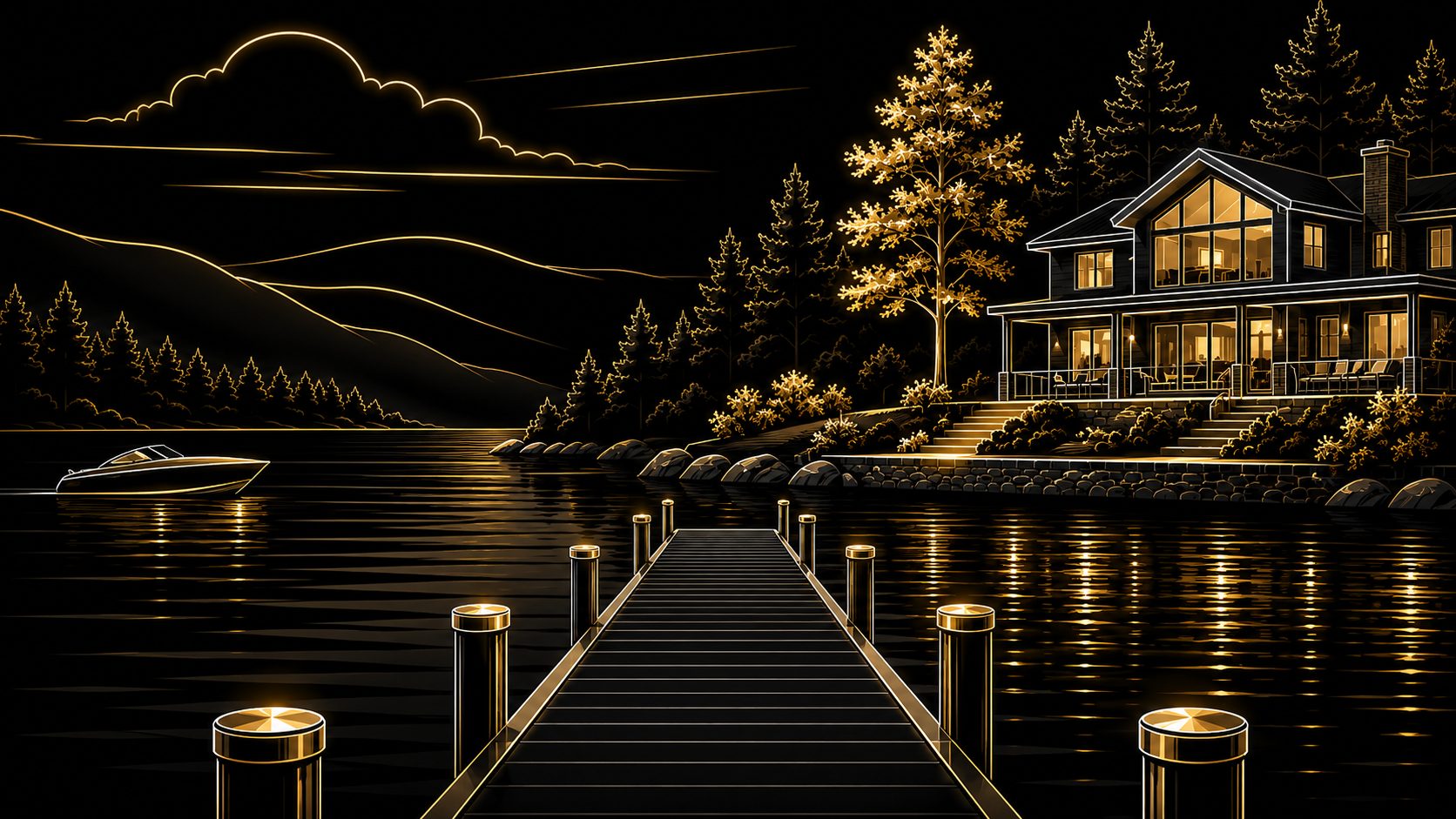 Black, gold, and white lakeside luxury home with dock, water, and mountain view