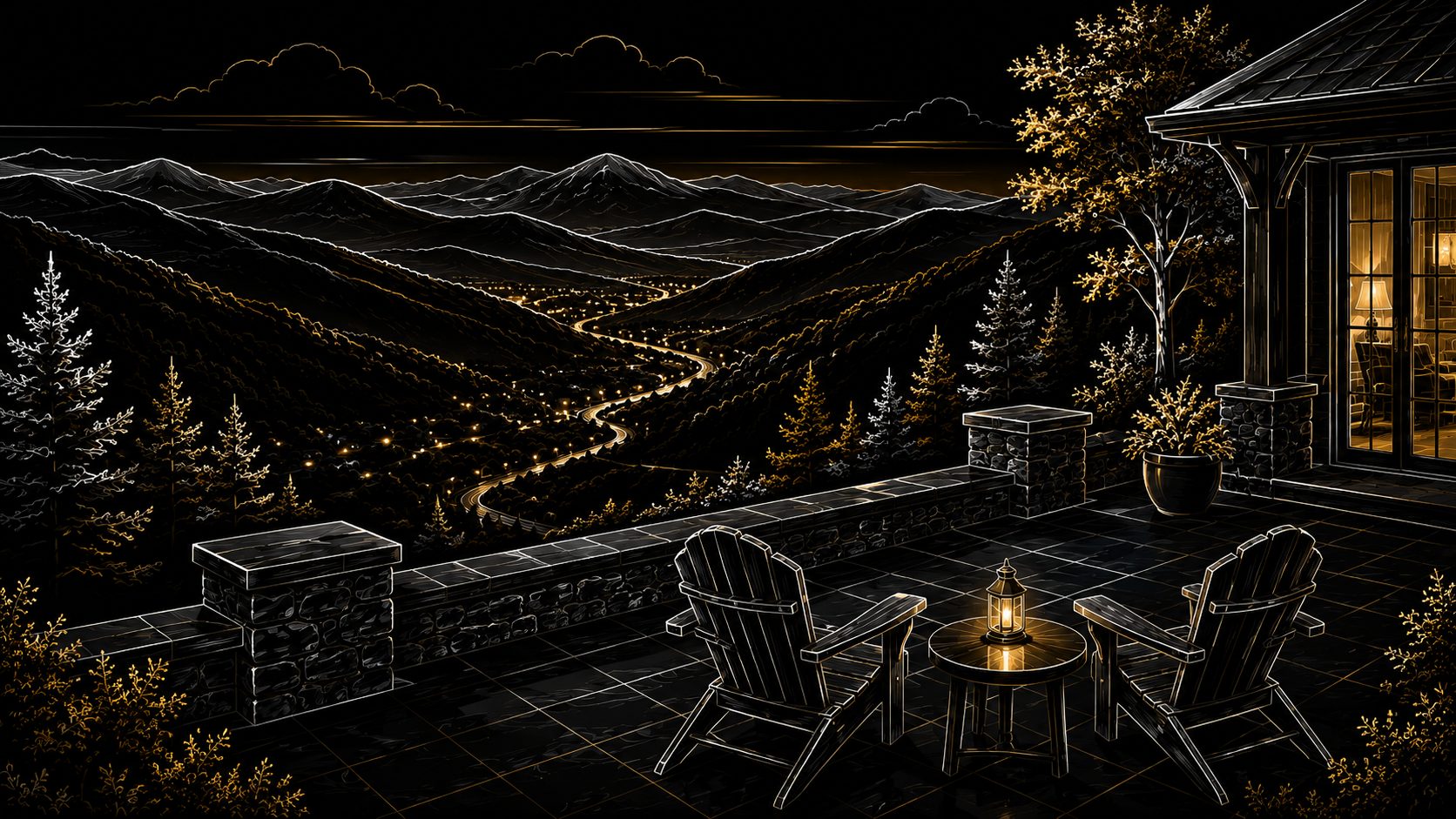 Black, gold, and white mountain-view terrace overlooking East Tennessee ridges and valleys