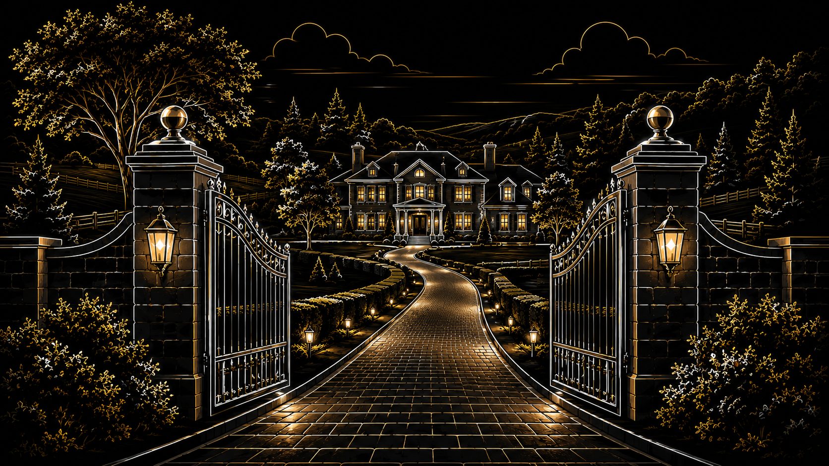 Black, gold, and white gated luxury estate with long driveway and private acreage