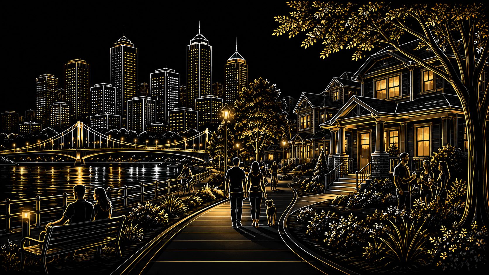 Black, gold, and white luxury neighborhood with city skyline, waterfront path, and homes