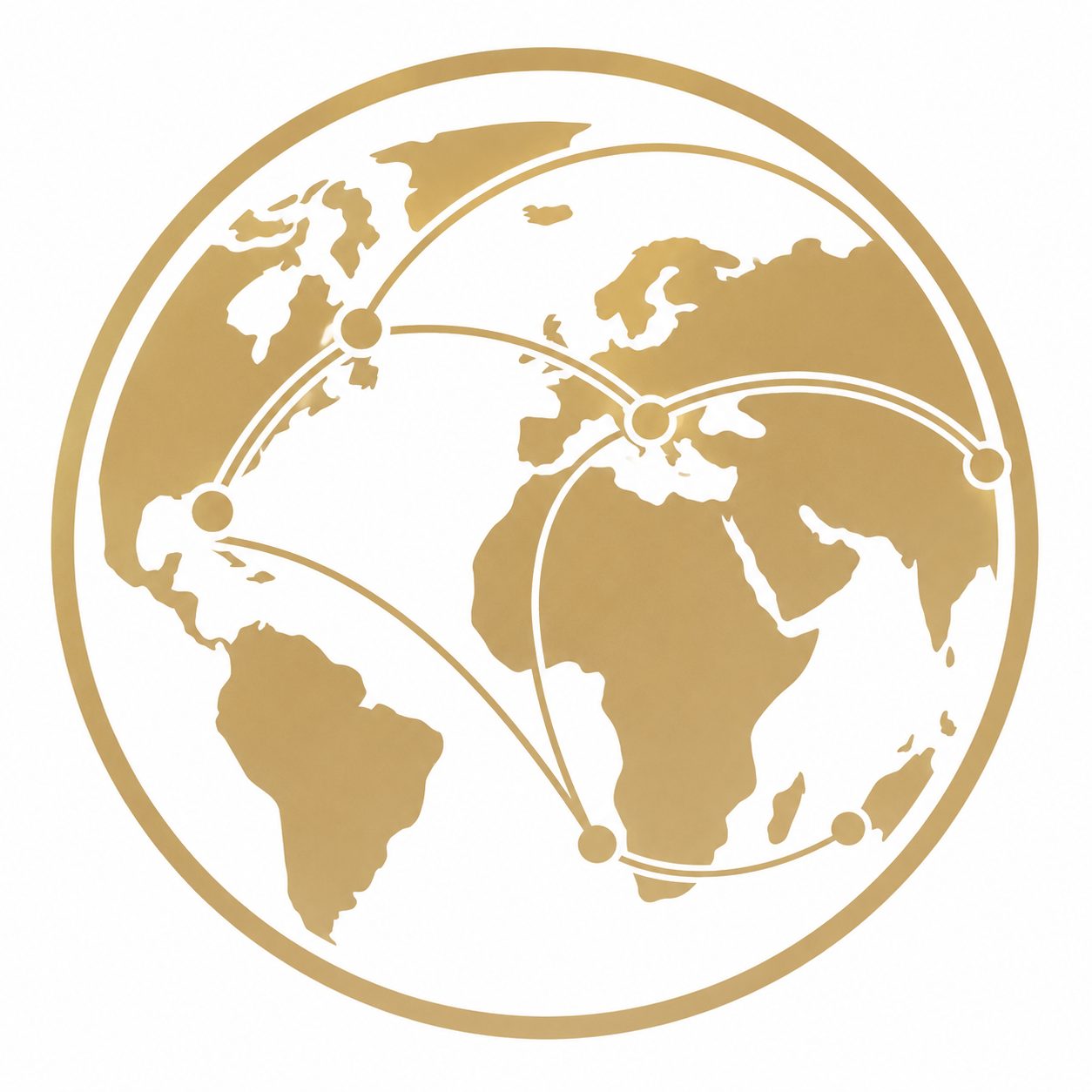 Gold globe icon with connection lines representing a global luxury real estate network