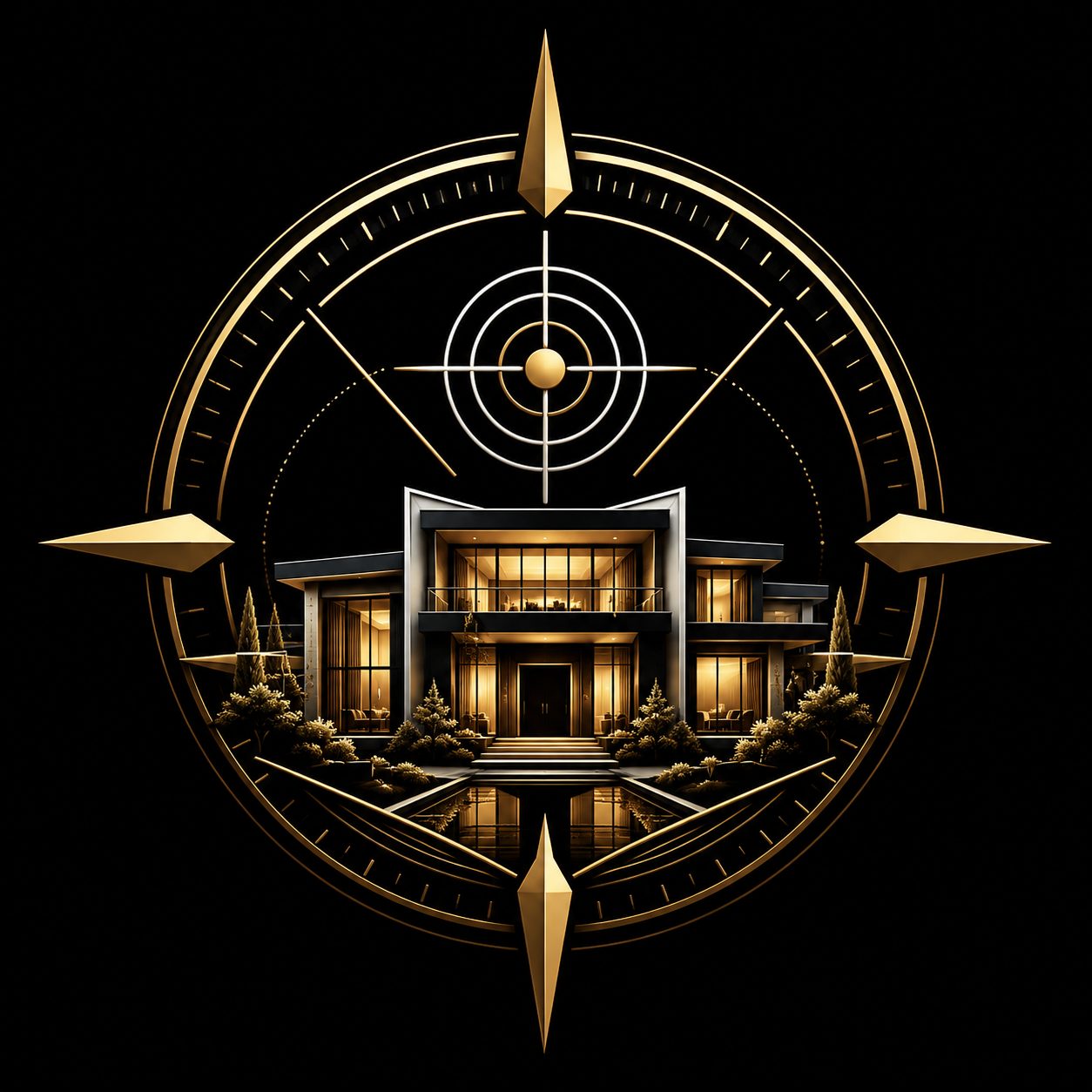 Black and gold luxury home with compass and target representing strategic property positioning