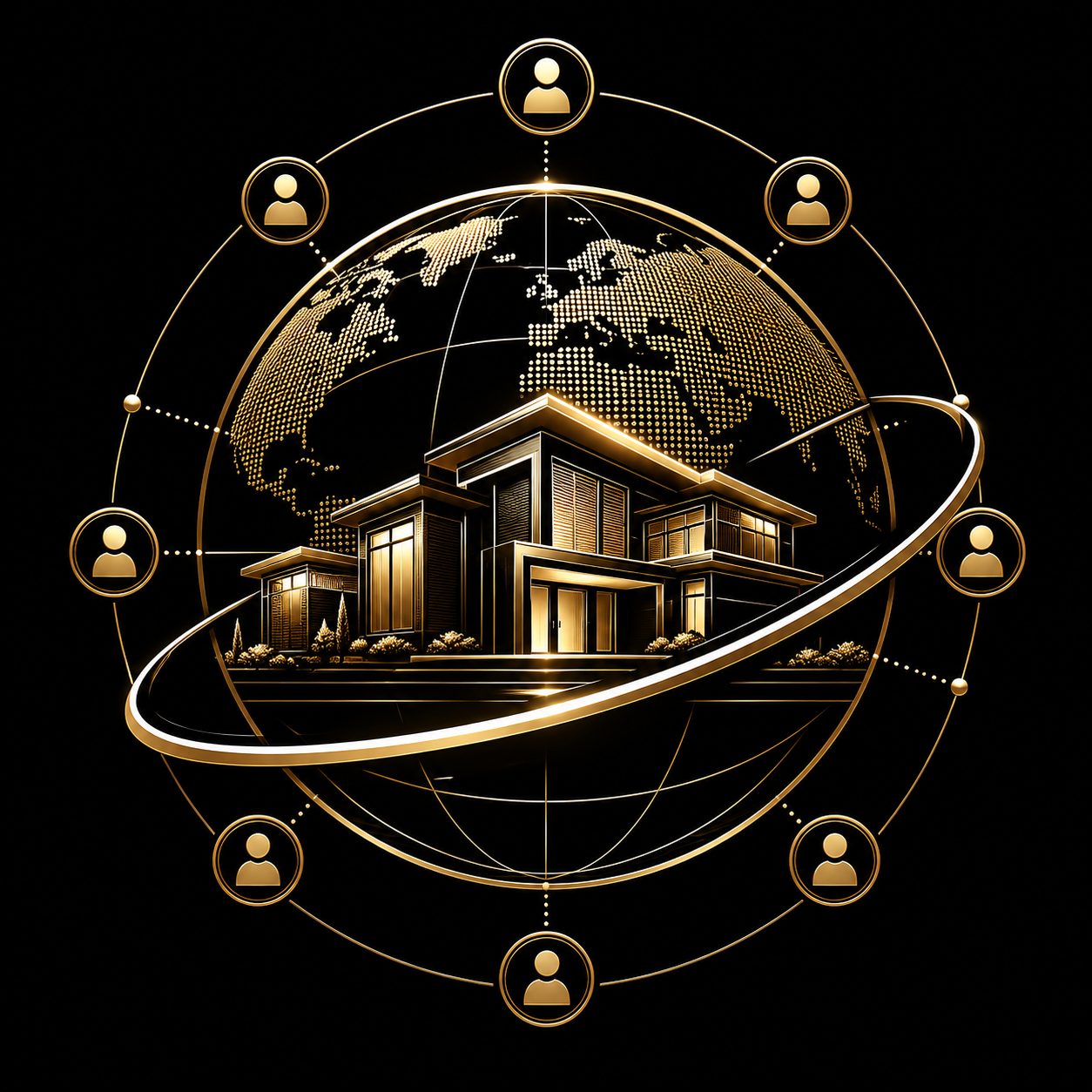 Black and gold luxury home with global network and buyer icons representing wider buyer awareness