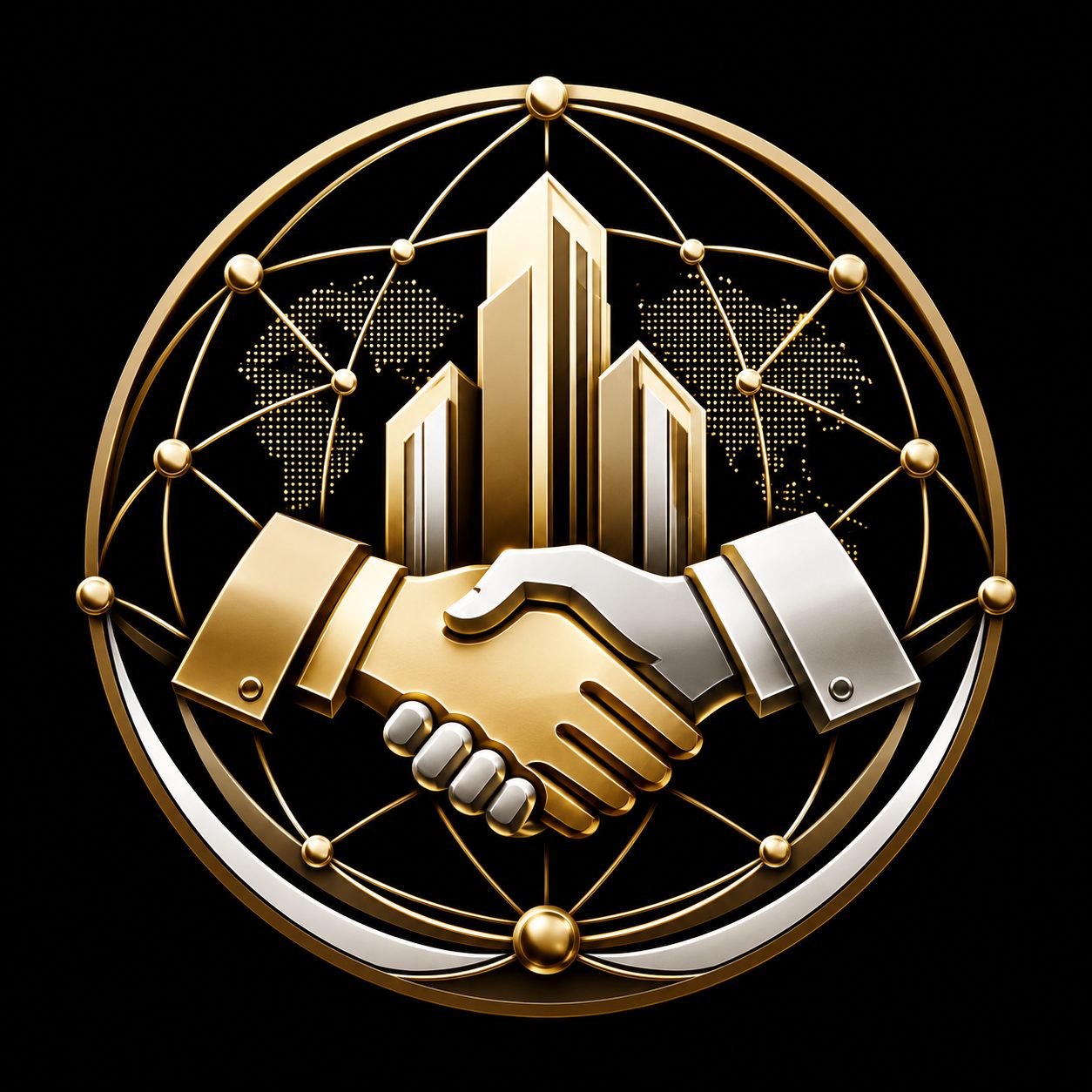 Black and gold handshake with buildings and global connection lines representing professional real estate network connections