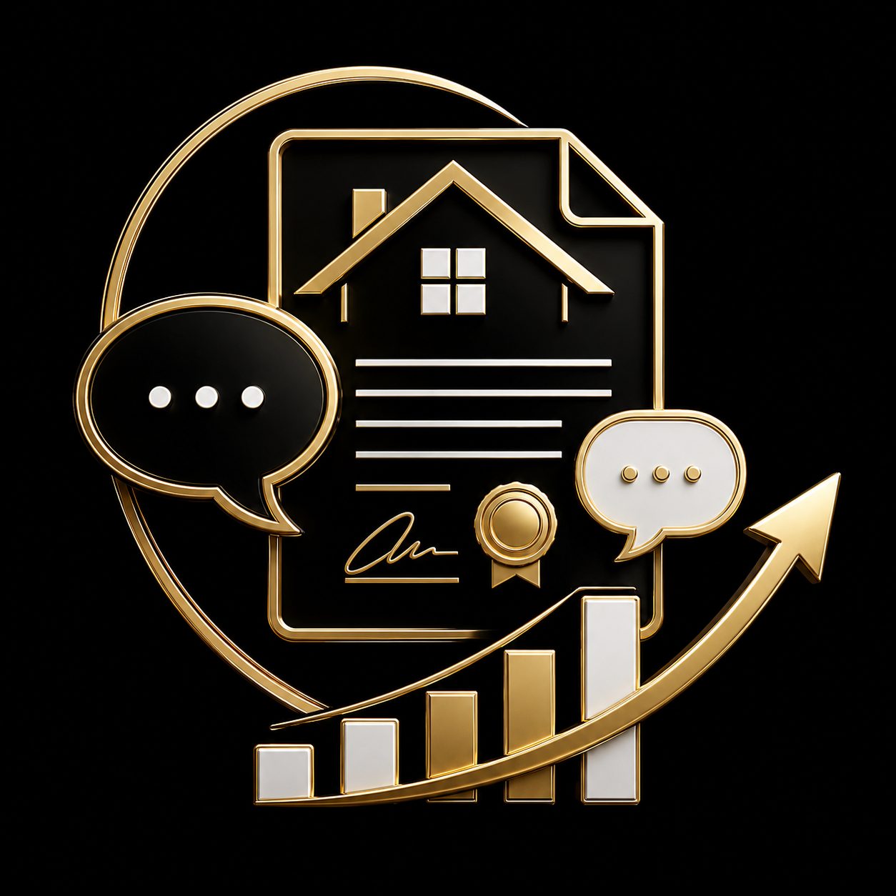 Black and gold listing document with conversation bubbles and growth chart representing stronger listing conversations