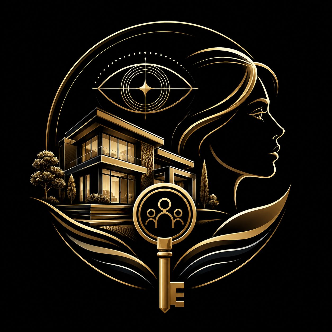 Black and gold luxury home, buyer profile, key, and eye symbol representing luxury buyer understanding