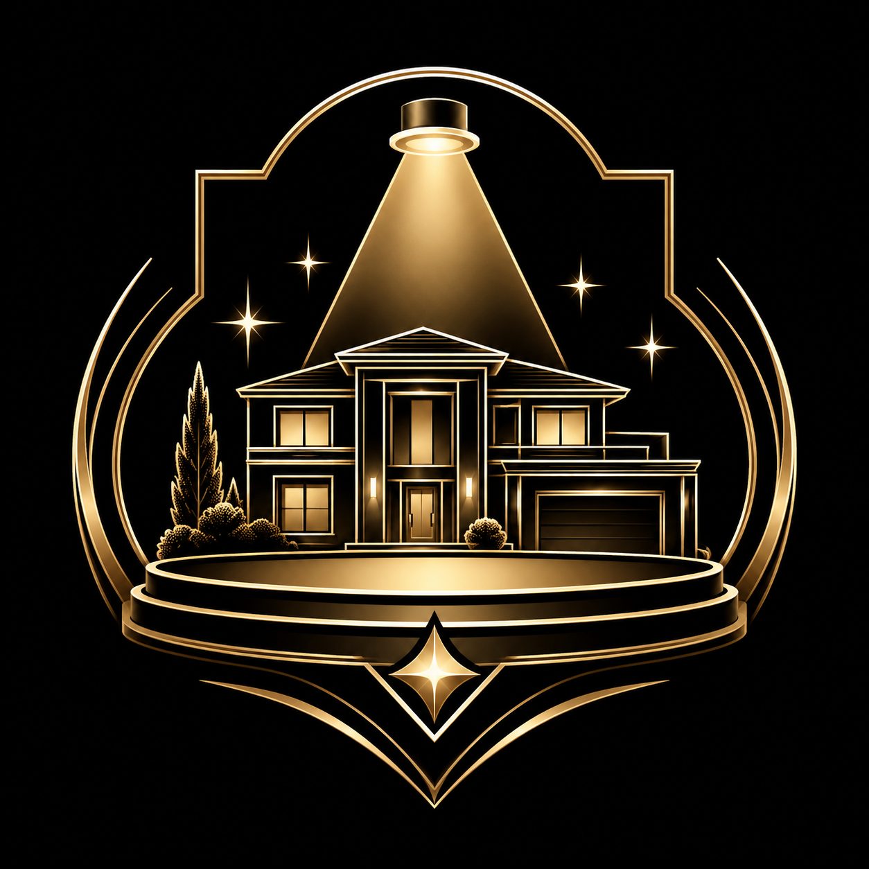 Black and gold luxury home under spotlight representing elevated real estate presentation
