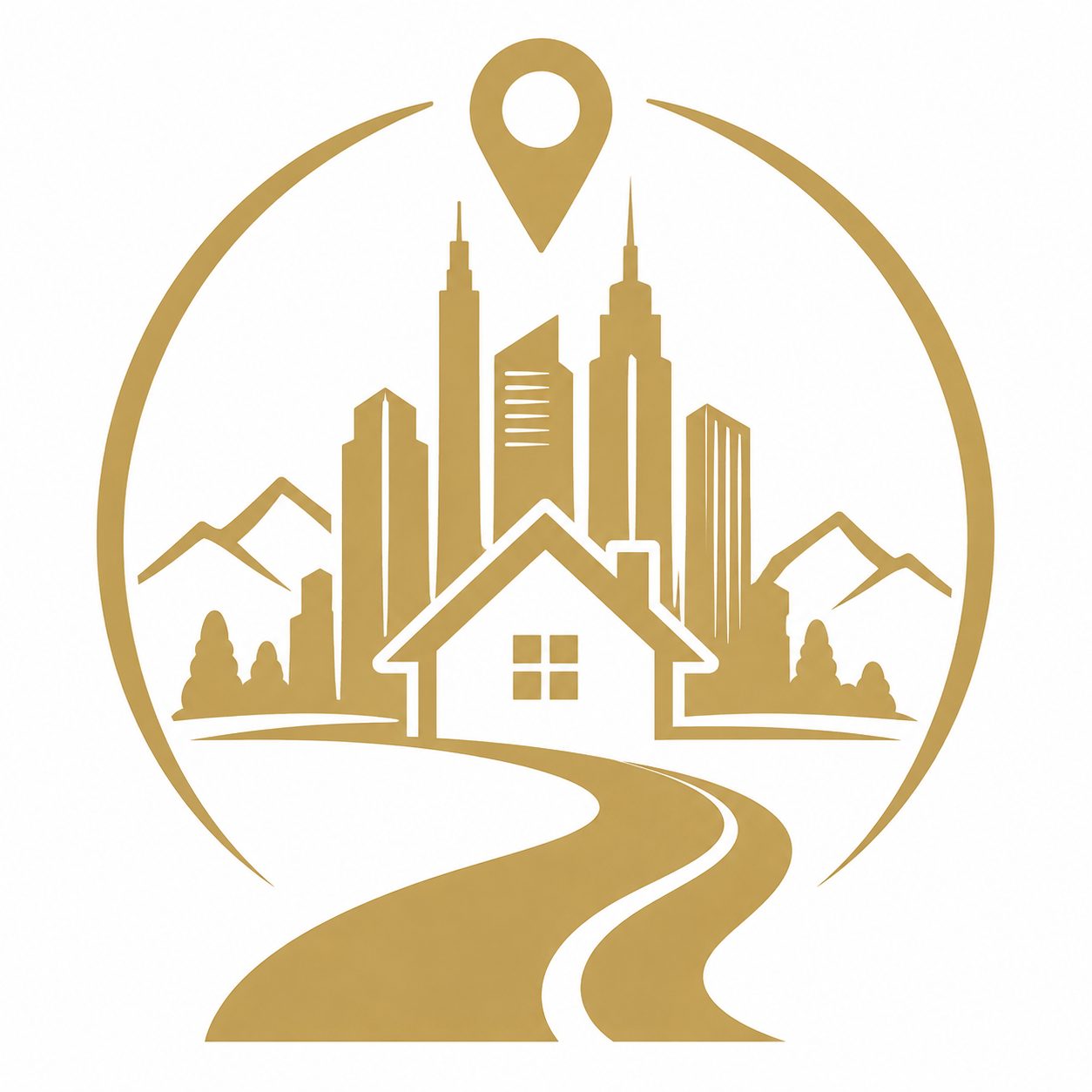 Gold icon of a home, city skyline, mountains, and location pin representing luxury buyer relocation confidence