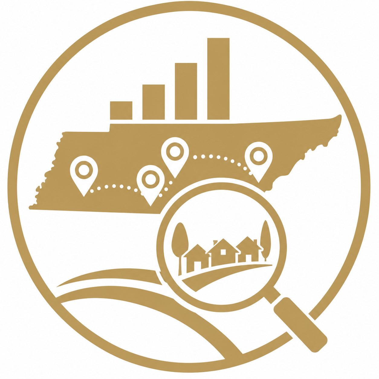 Gold Tennessee map with location pins and magnifying glass representing local luxury market interpretation