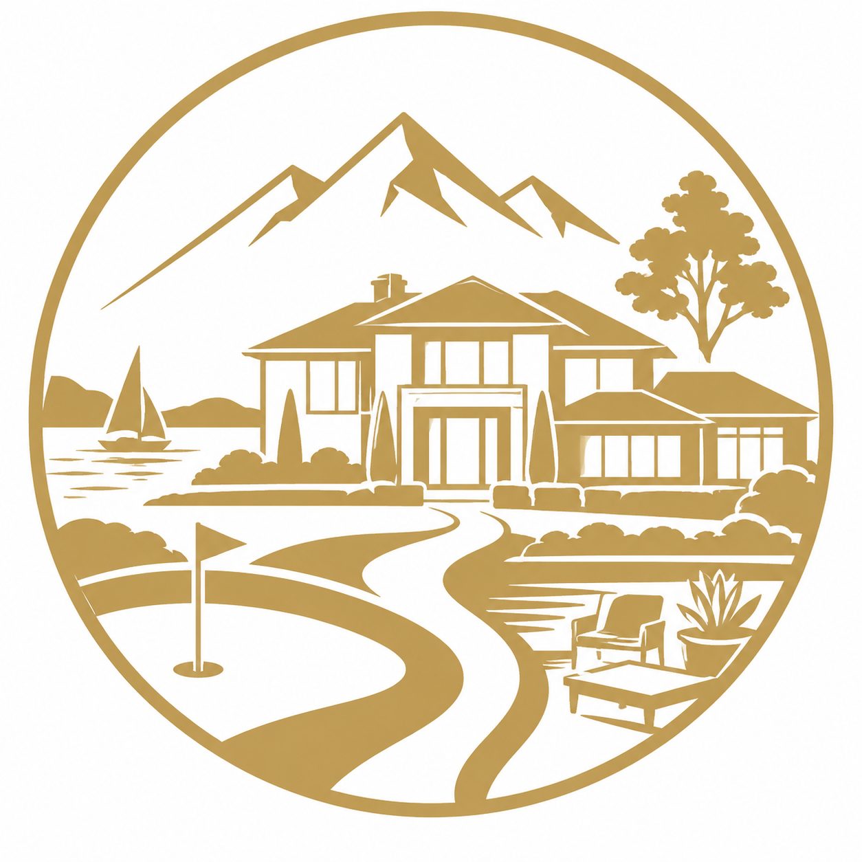 Gold luxury home with mountains, lake, golf flag, and outdoor living elements representing lifestyle-based guidance