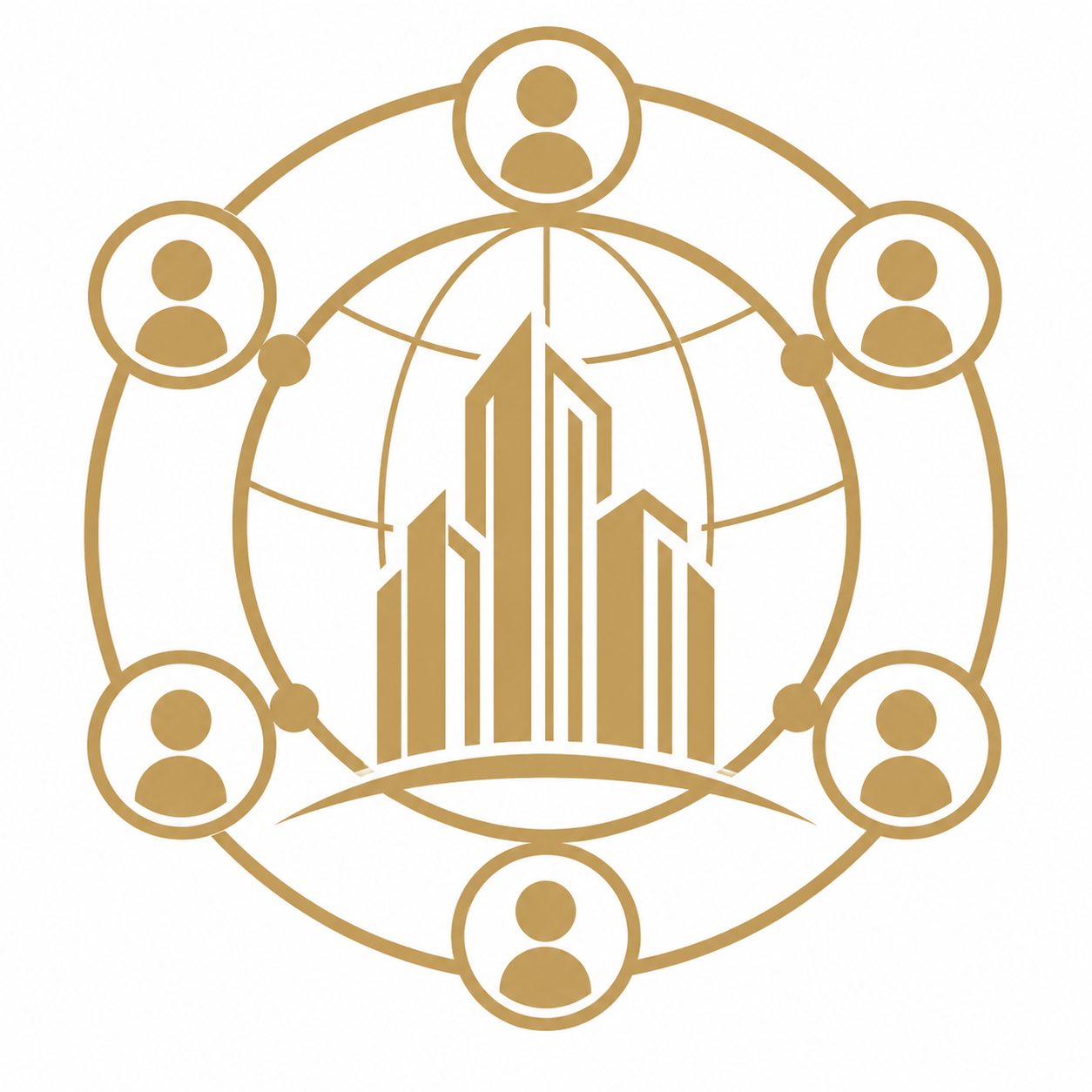 Gold global network icon with city buildings and connected people representing broader professional real estate connections