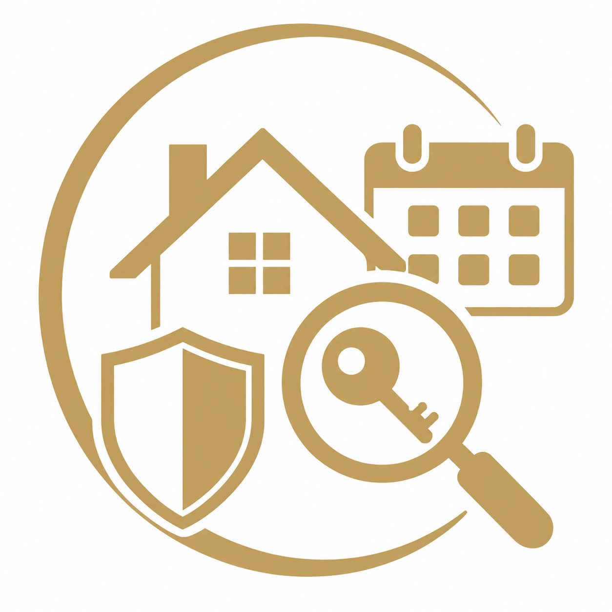 Gold icon with home, shield, calendar, key, and magnifying glass representing private luxury home search support