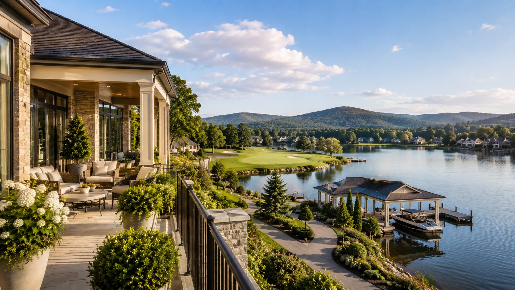 Luxury home terrace overlooking the Knoxville skyline and Tennessee River