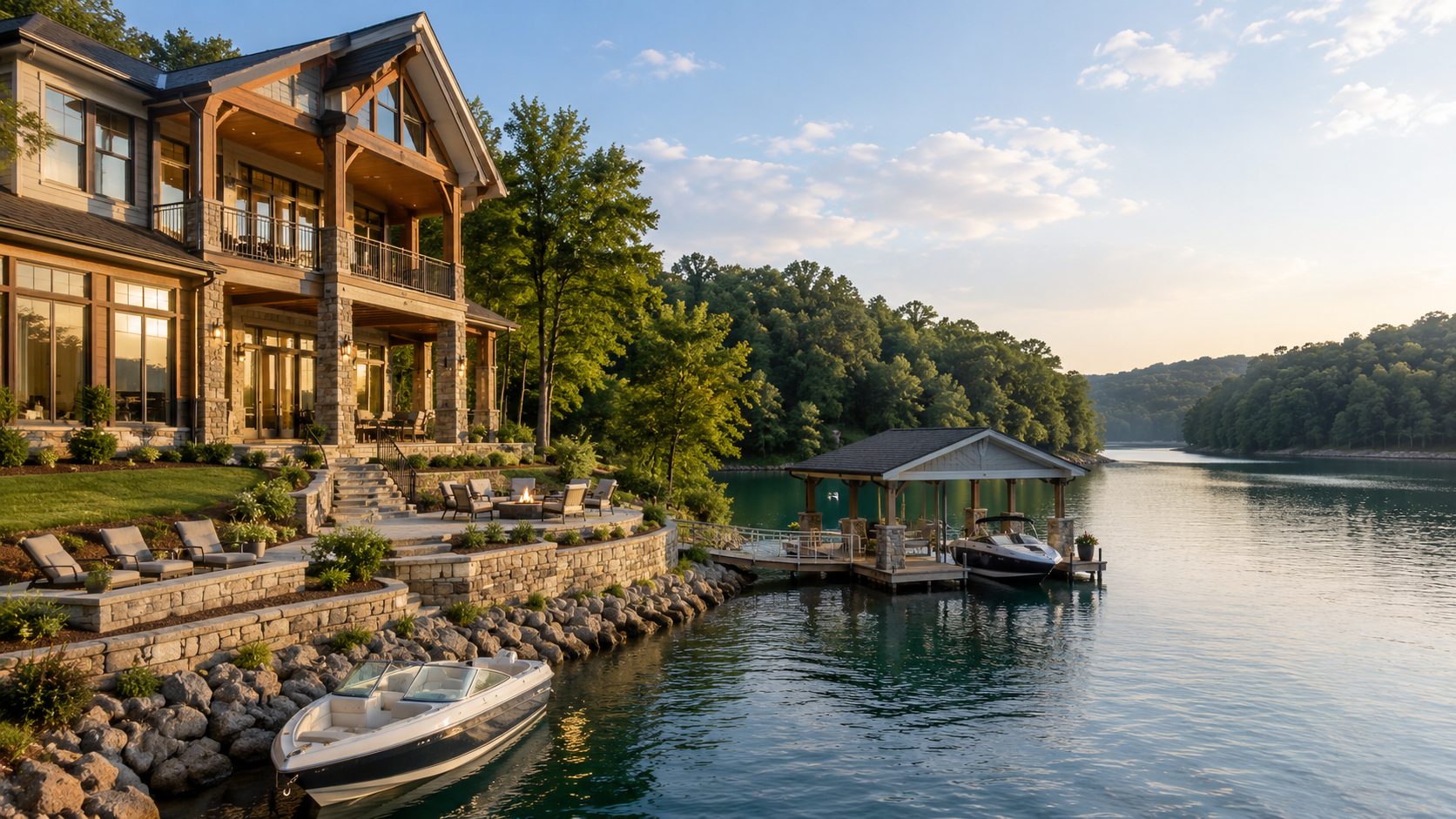 Private Norris Lake luxury waterfront home with dock, boat, and wooded shoreline