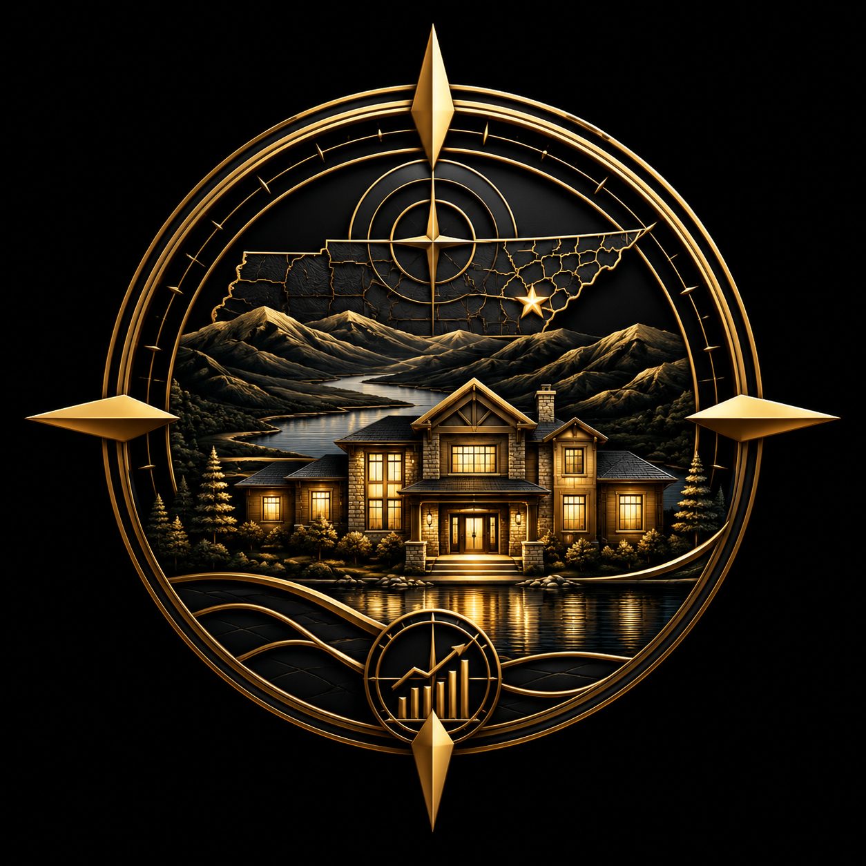 Gold East Tennessee luxury real estate guidance emblem with map pin, home, mountains, and search detail