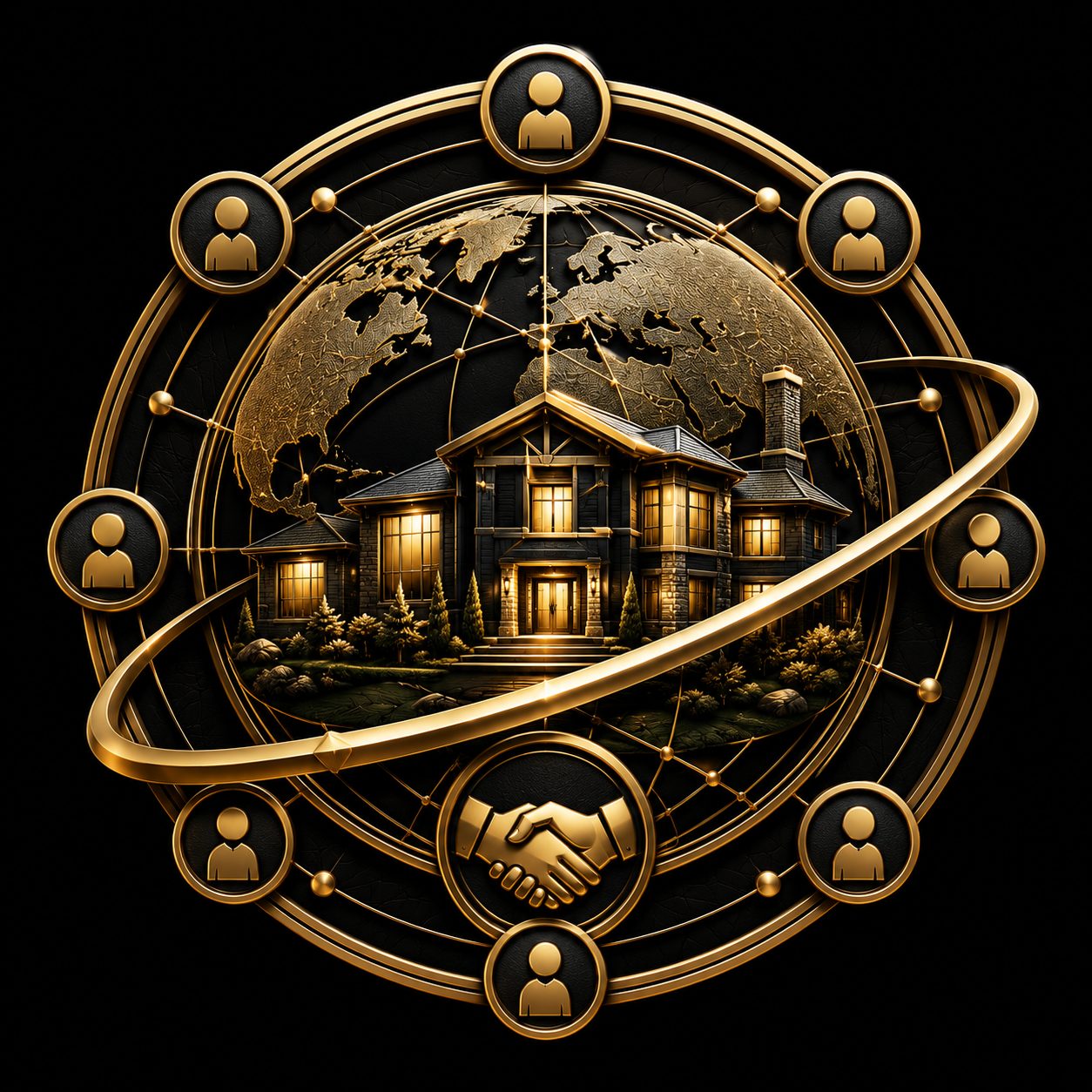 Gold global real estate network emblem with luxury home and connected relationship icons