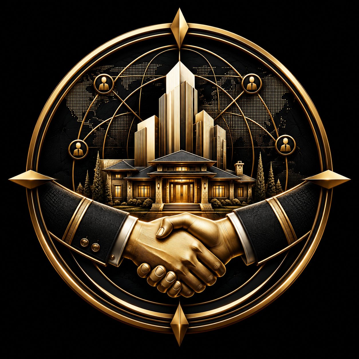 Gold handshake and luxury skyline emblem representing seller positioning and high-end real estate strategy
