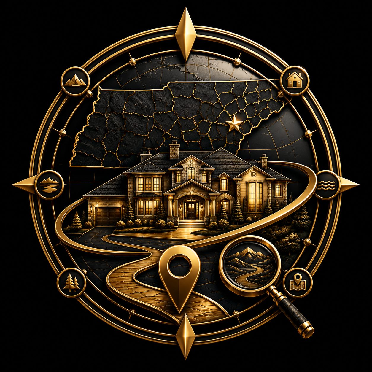 Gold luxury real estate emblem with Tennessee map, mountains, home, and compass representing East Tennessee experience