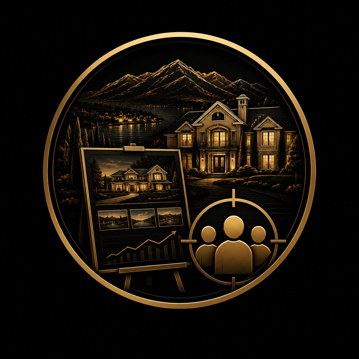 Black and gold luxury real estate icon showing seller marketing strategy for a high-end East Tennessee home