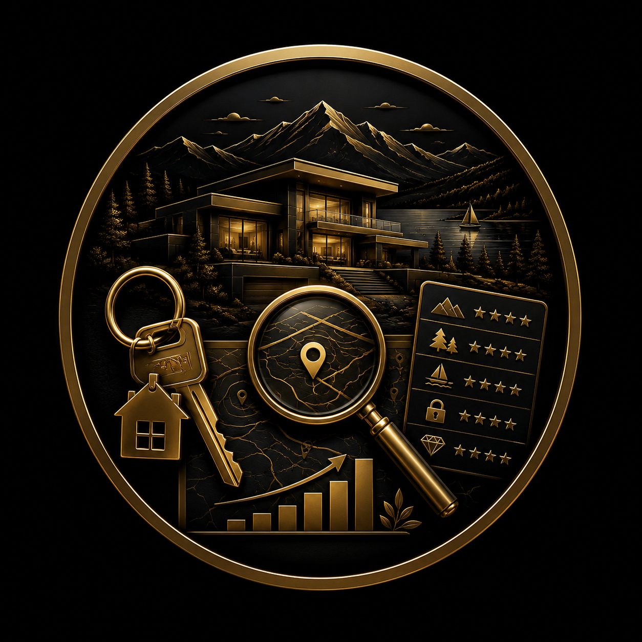 Black and gold luxury real estate icon showing buyer guidance for evaluating lifestyle fit and property value