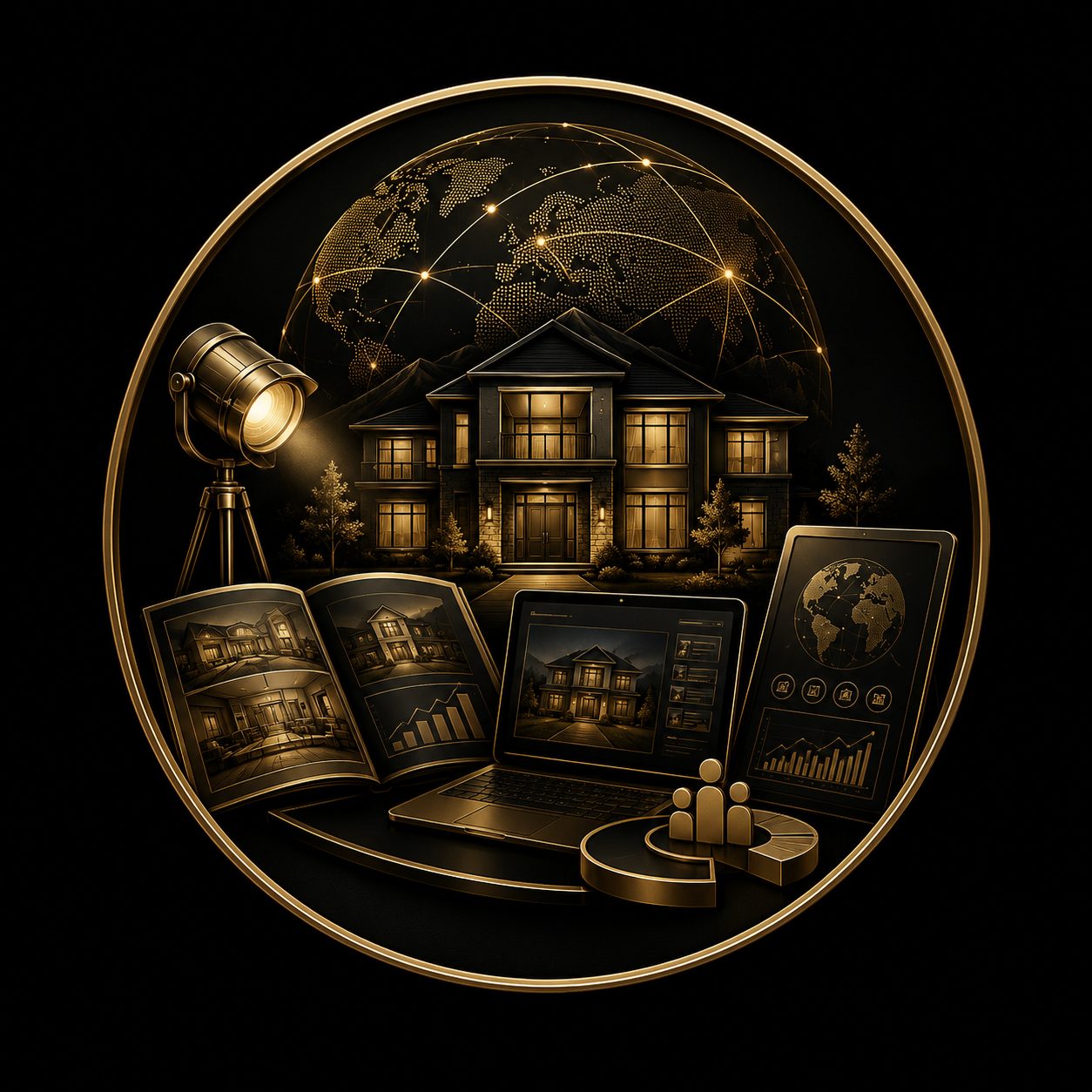 Black and gold luxury real estate icon showing global marketing resources, presentation tools, and property exposure