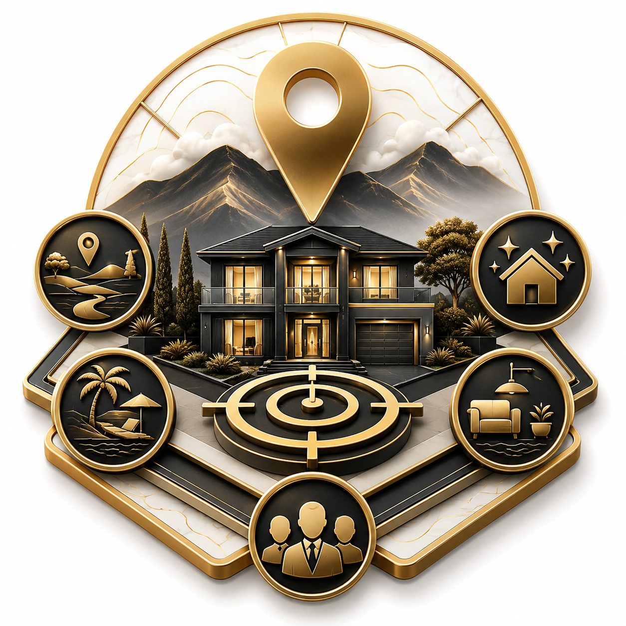 3D luxury property positioning icon with home, map pin, lifestyle setting, and buyer audience details