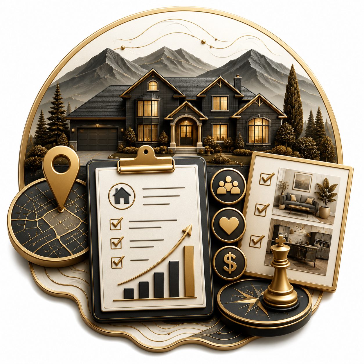3D luxury seller strategy icon with market report, property checklist, map, and pricing insight