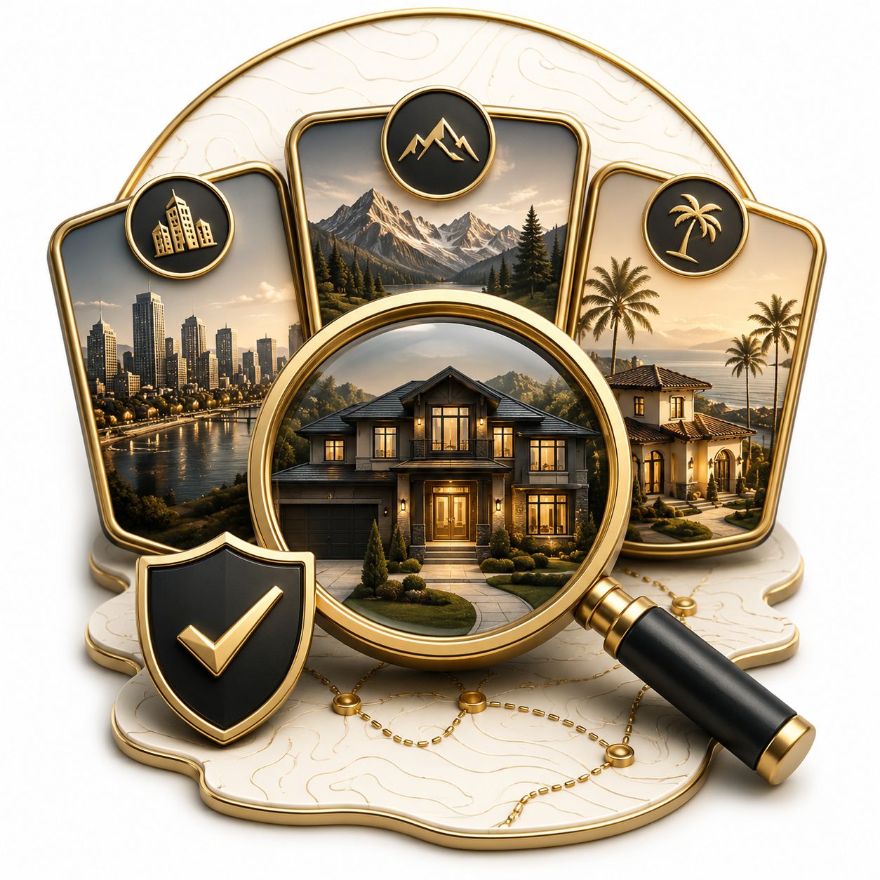 3D luxury buyer decision icon with property options, lifestyle settings, magnifying glass, and confidence symbol