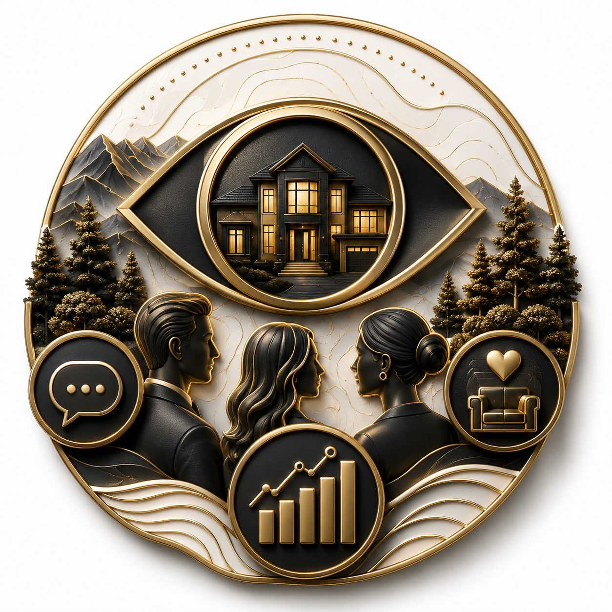 3D luxury consumer insight icon with buyer profiles, conversation symbols, lifestyle icons, and market chart