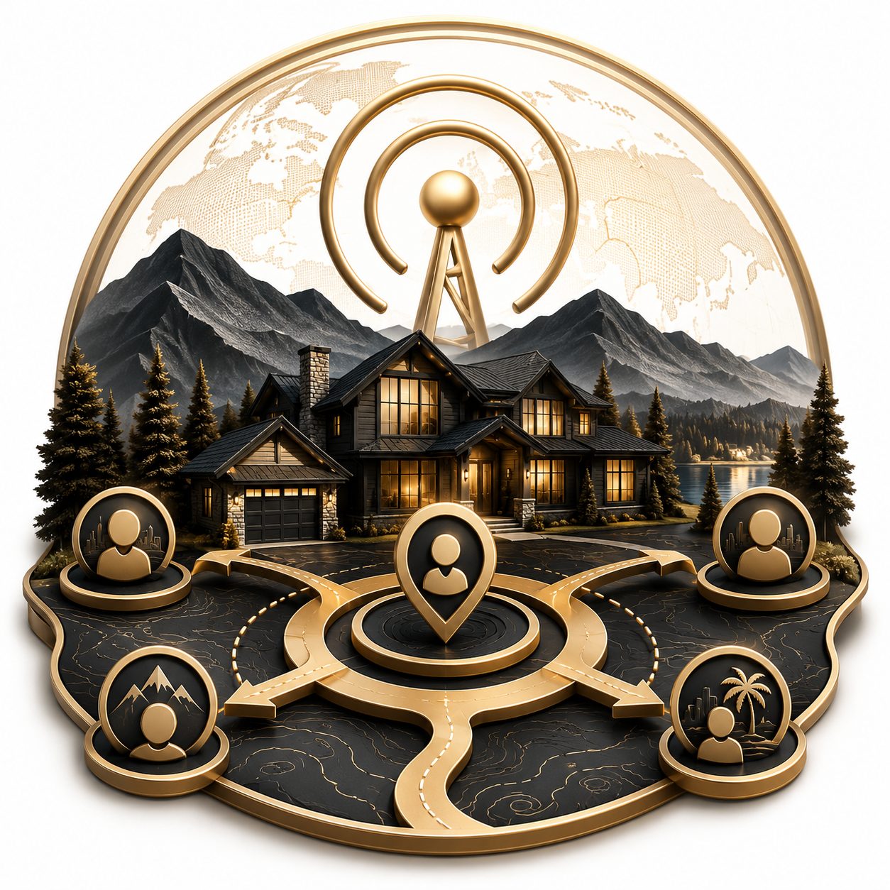3D luxury listing exposure icon with global network, buyer paths, property audience, and East Tennessee setting