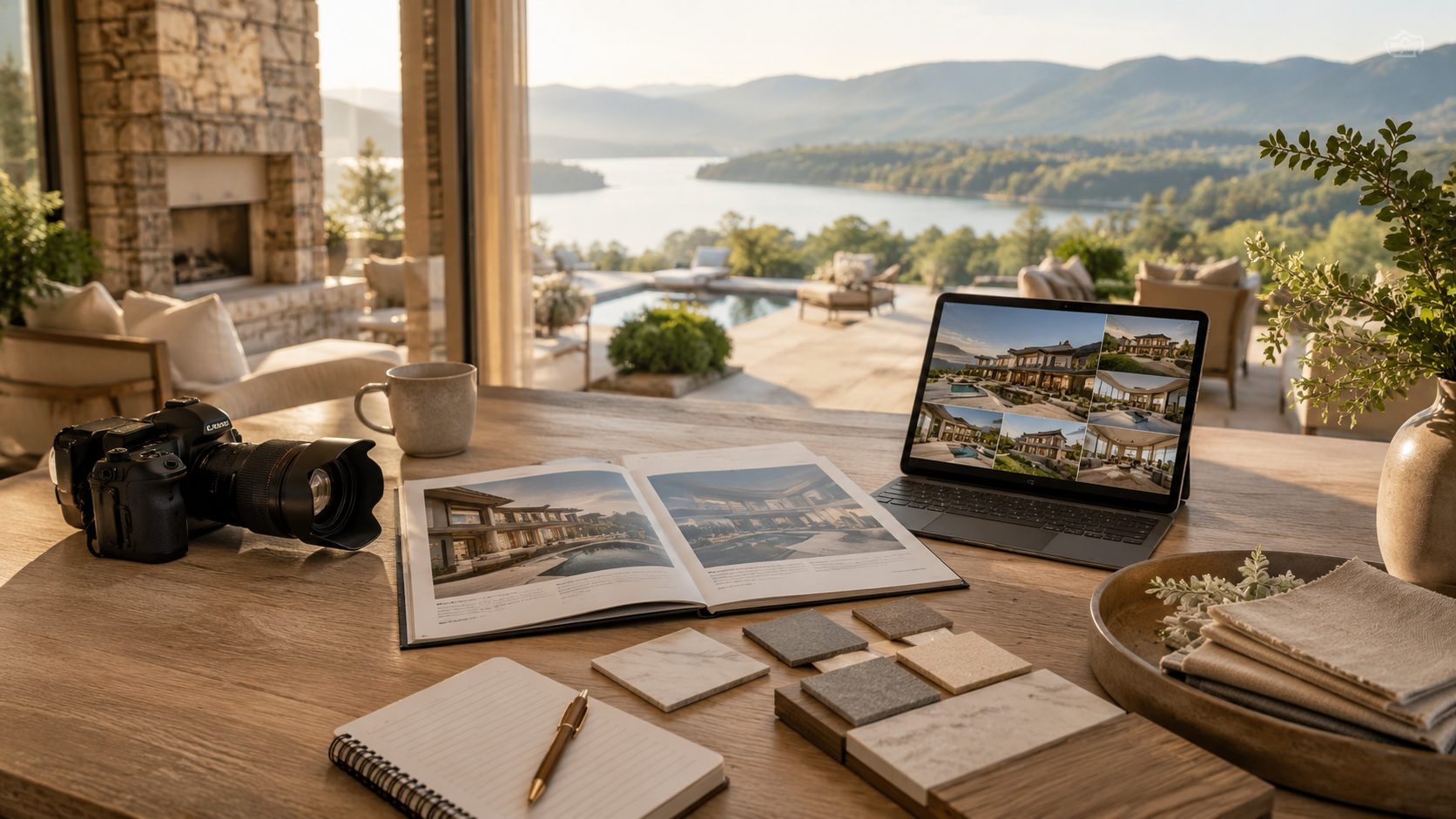 Luxury real estate presentation workspace with camera, property photography, laptop, and marketing materials