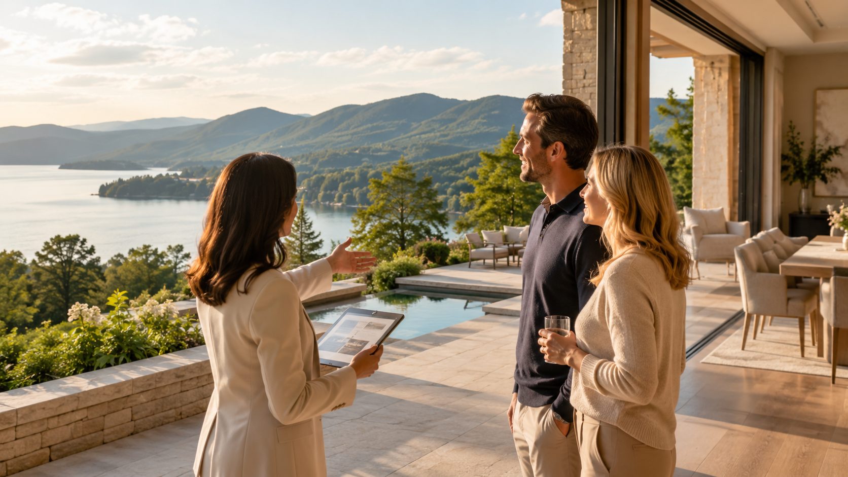 Luxury buyers evaluating an East Tennessee lake and mountain view property with an agent