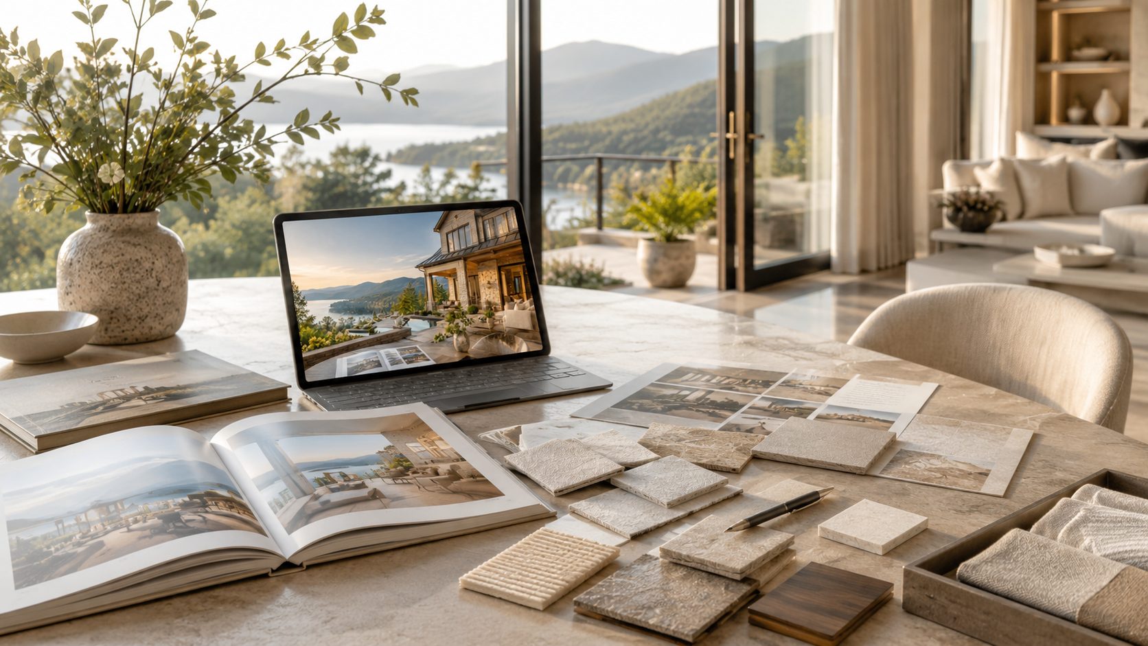 Luxury real estate workspace with design materials, property visuals, and East Tennessee lake view