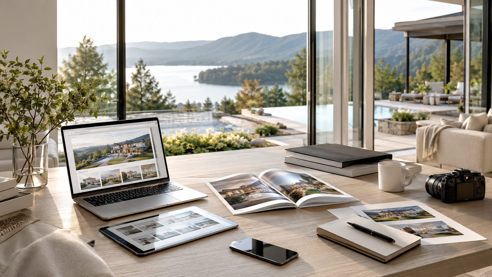 Luxury real estate marketing workspace with digital listing tools, print materials, and East Tennessee lake view