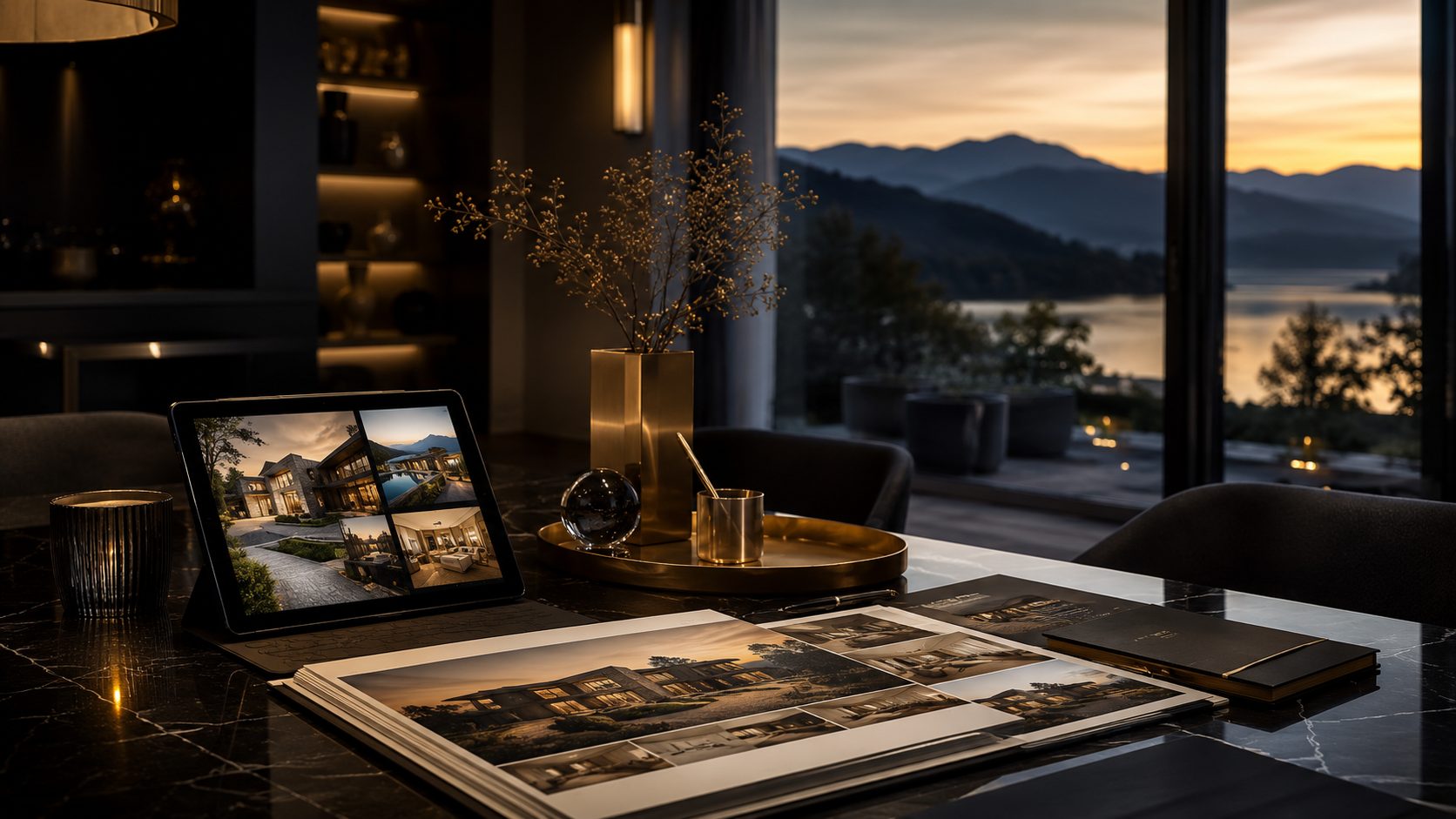Luxury real estate marketing workspace with property photos, tablet, and East Tennessee mountain sunset view