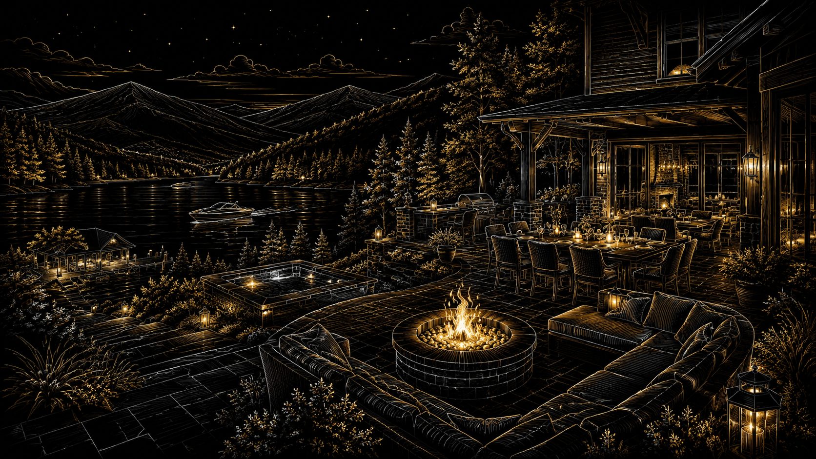 Luxury lakefront retreat with outdoor living, entertaining space, fire feature, and mountain views