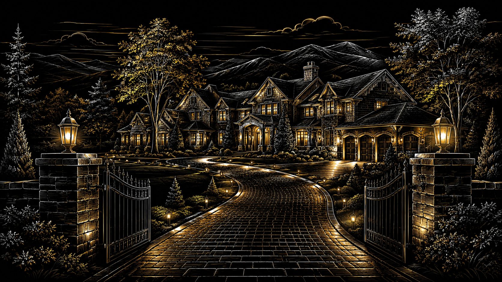 Illuminated luxury estate with polished gold and white linework representing presentation guidance
