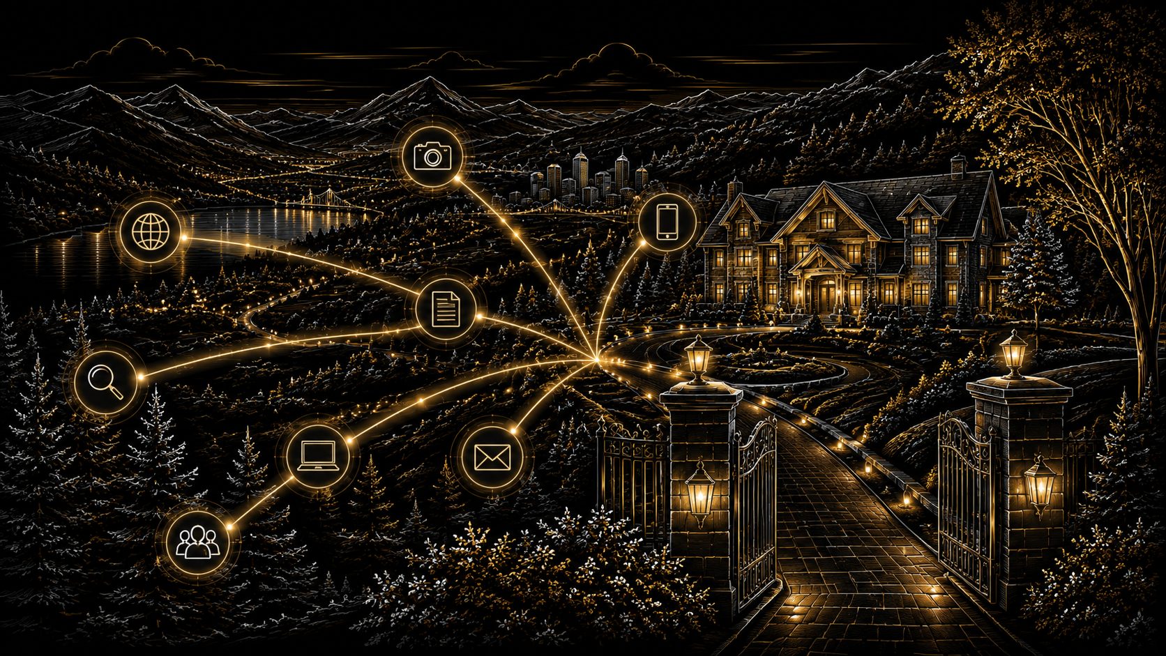 Luxury estate with connected marketing resource paths representing strategic resource selection