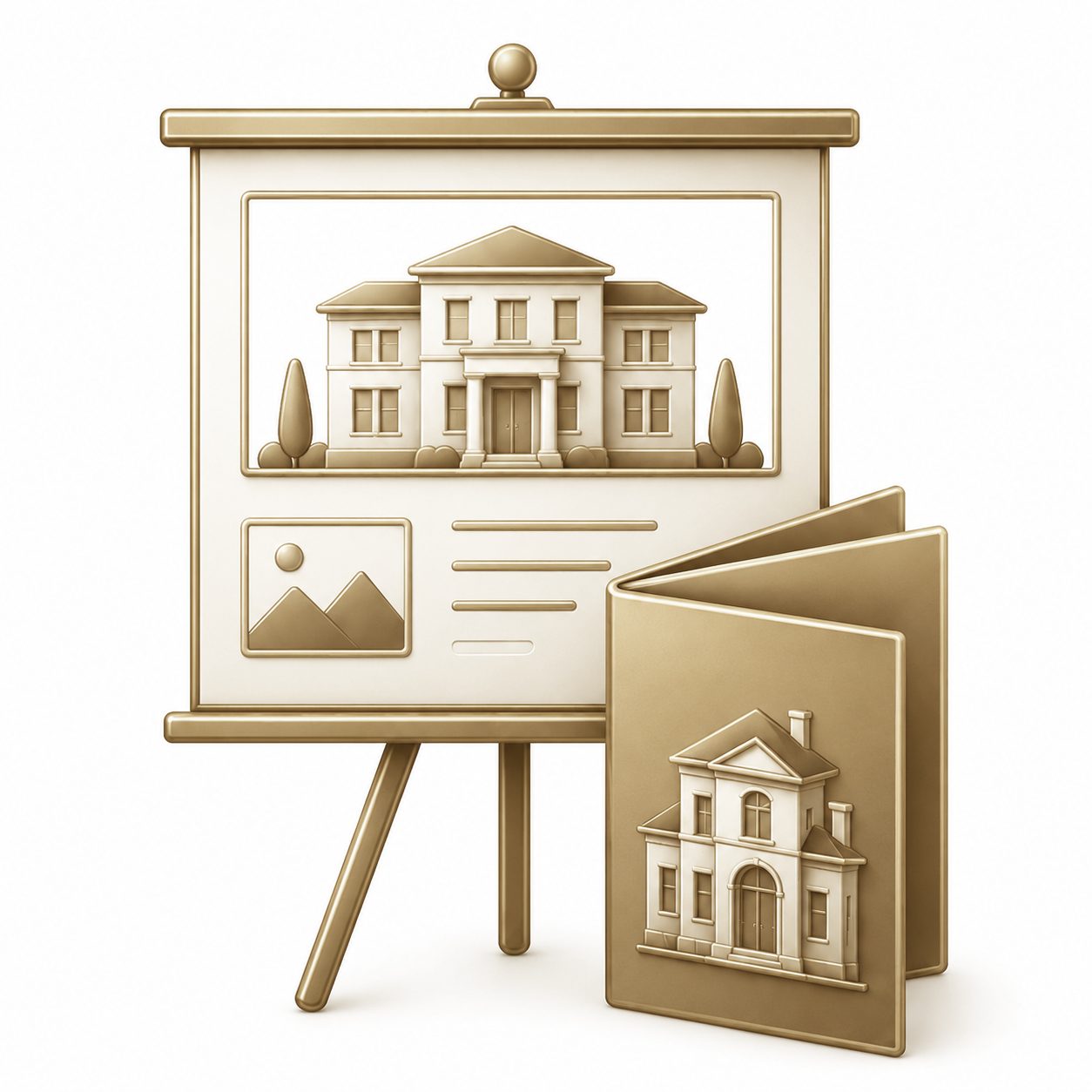 Gold 3D icon of luxury listing presentation materials with property board and brochure