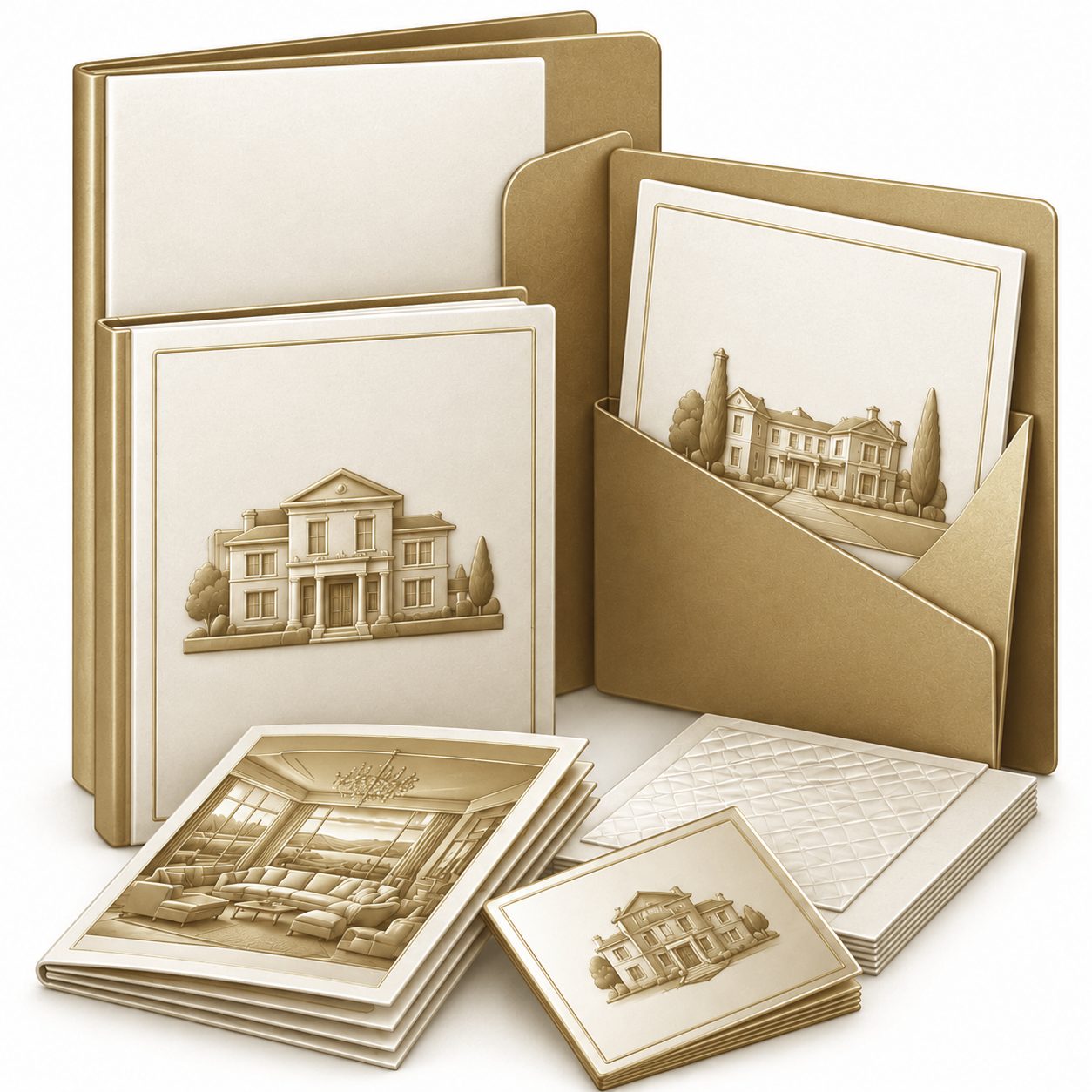Gold 3D icon of luxury real estate brochures, folders, and branded presentation collateral