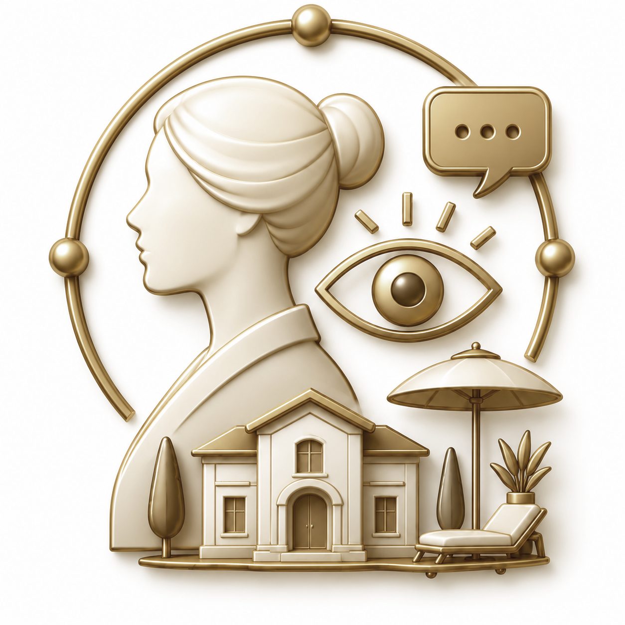 Gold 3D icon of luxury consumer insight with buyer profile, conversation symbol, home, and lifestyle details