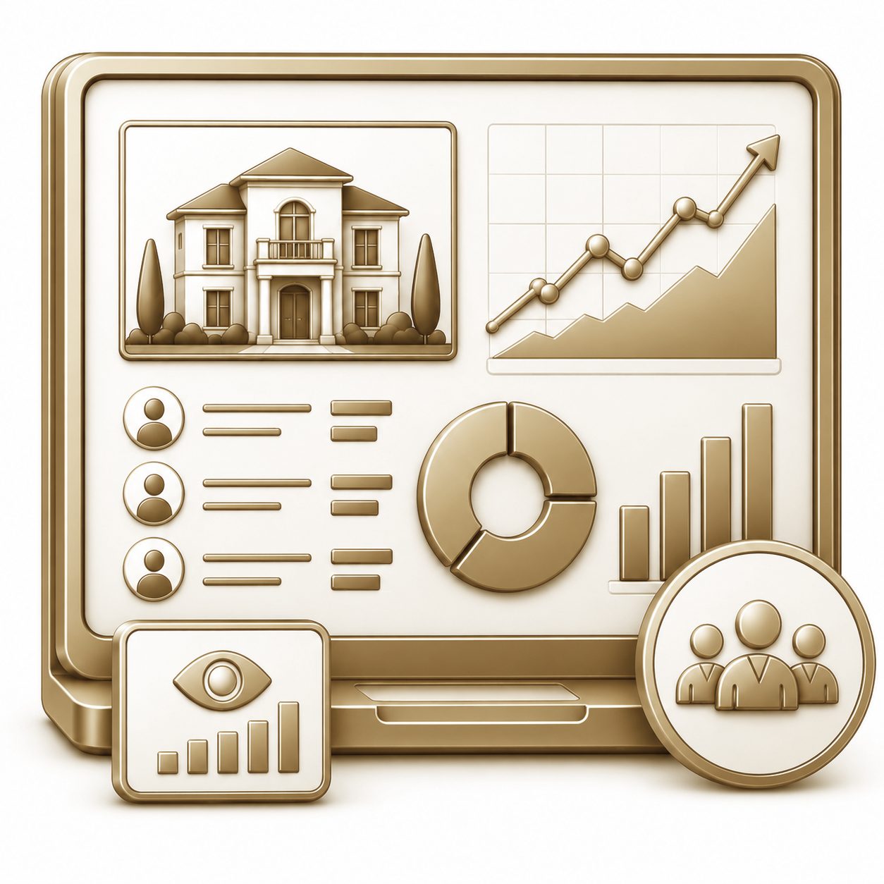Gold 3D icon of luxury property analytics dashboard with charts, audience data, and property engagement insights