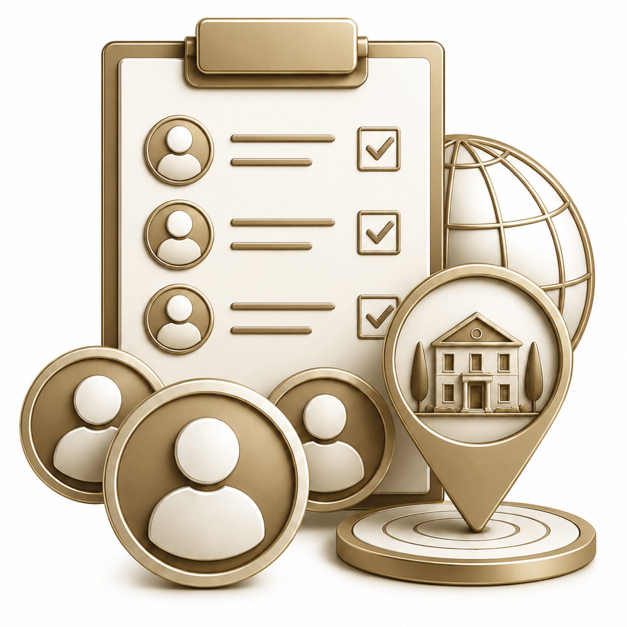 Gold 3D icon of affluent consumer list, buyer profiles, globe, and luxury property targeting