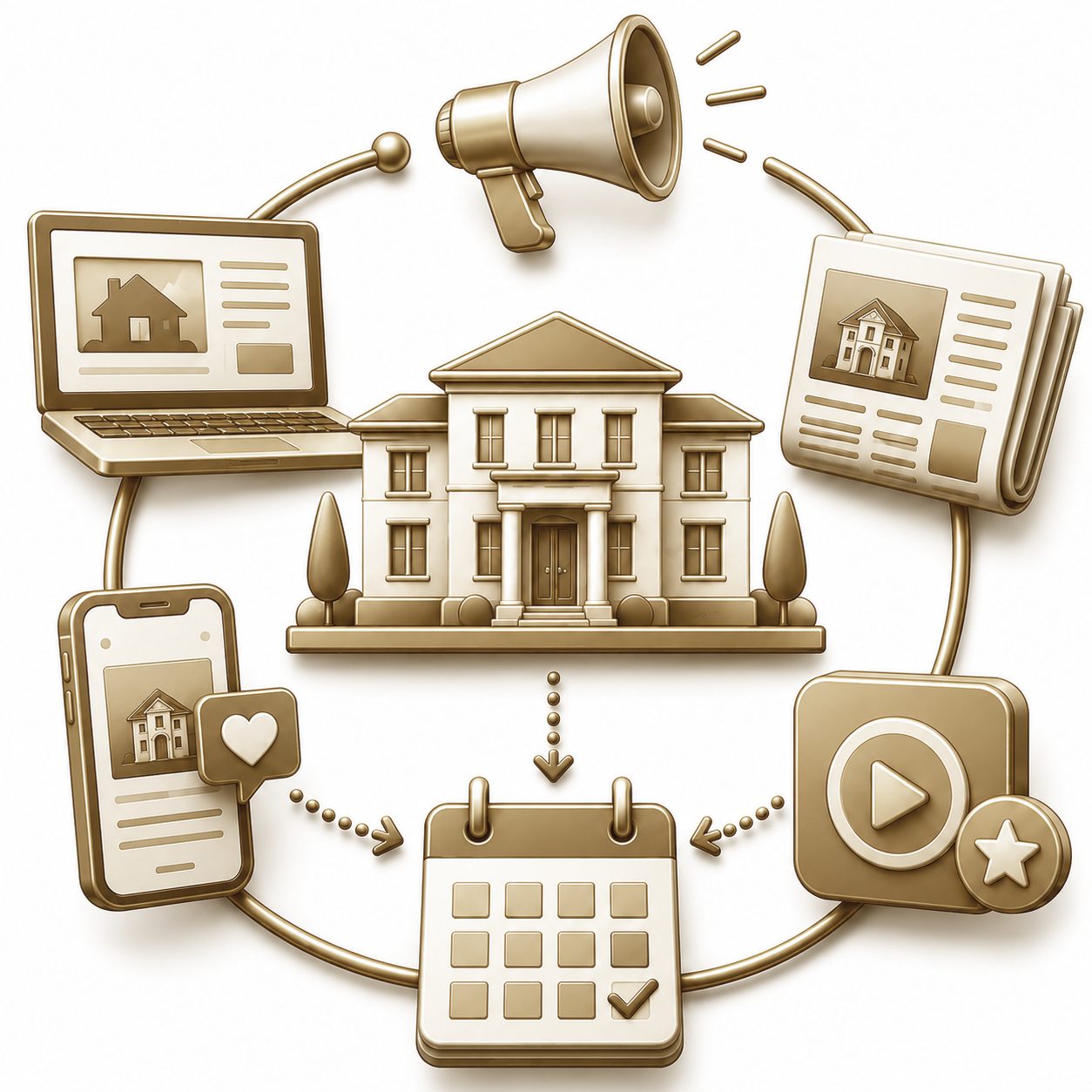 Gold 3D icon of luxury home connected to digital, print, social, video, calendar, and advertising channels