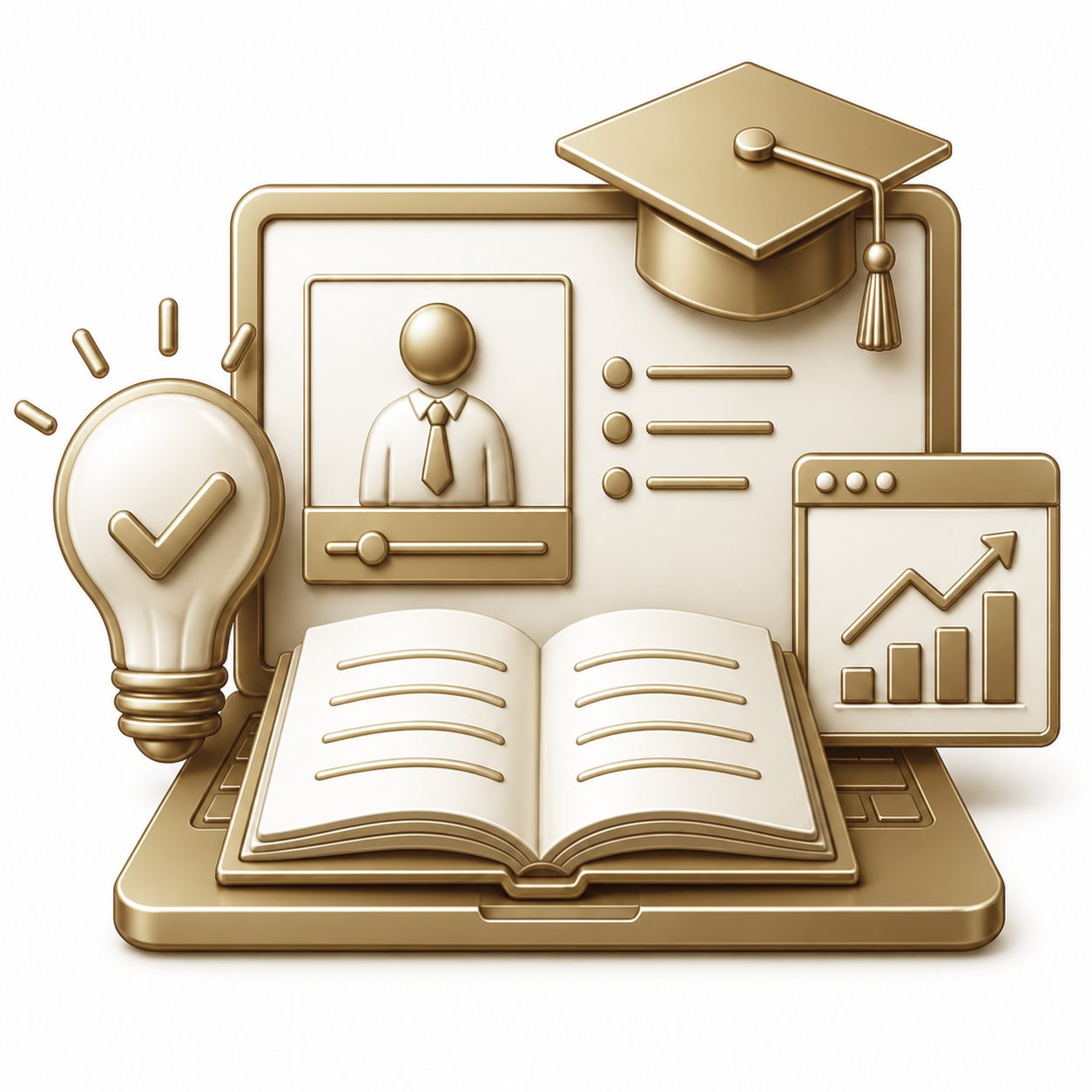 Gold 3D icon of luxury real estate training dashboard with book, graduation cap, lightbulb, and growth chart