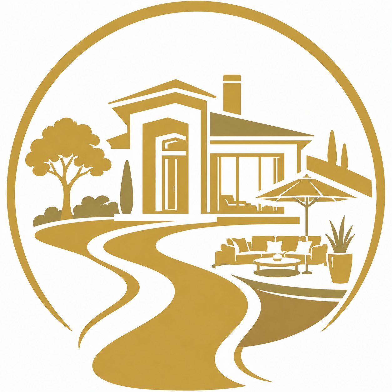 Gold vector icon of a luxury home with outdoor living space representing lifestyle fit
