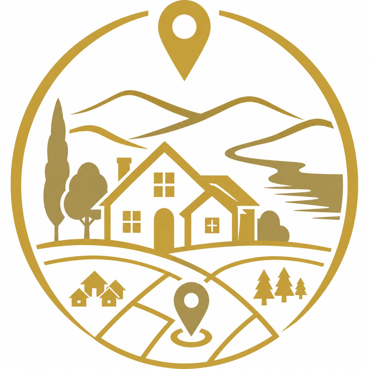 Gold vector icon of a home with map pins, mountains, and regional market context