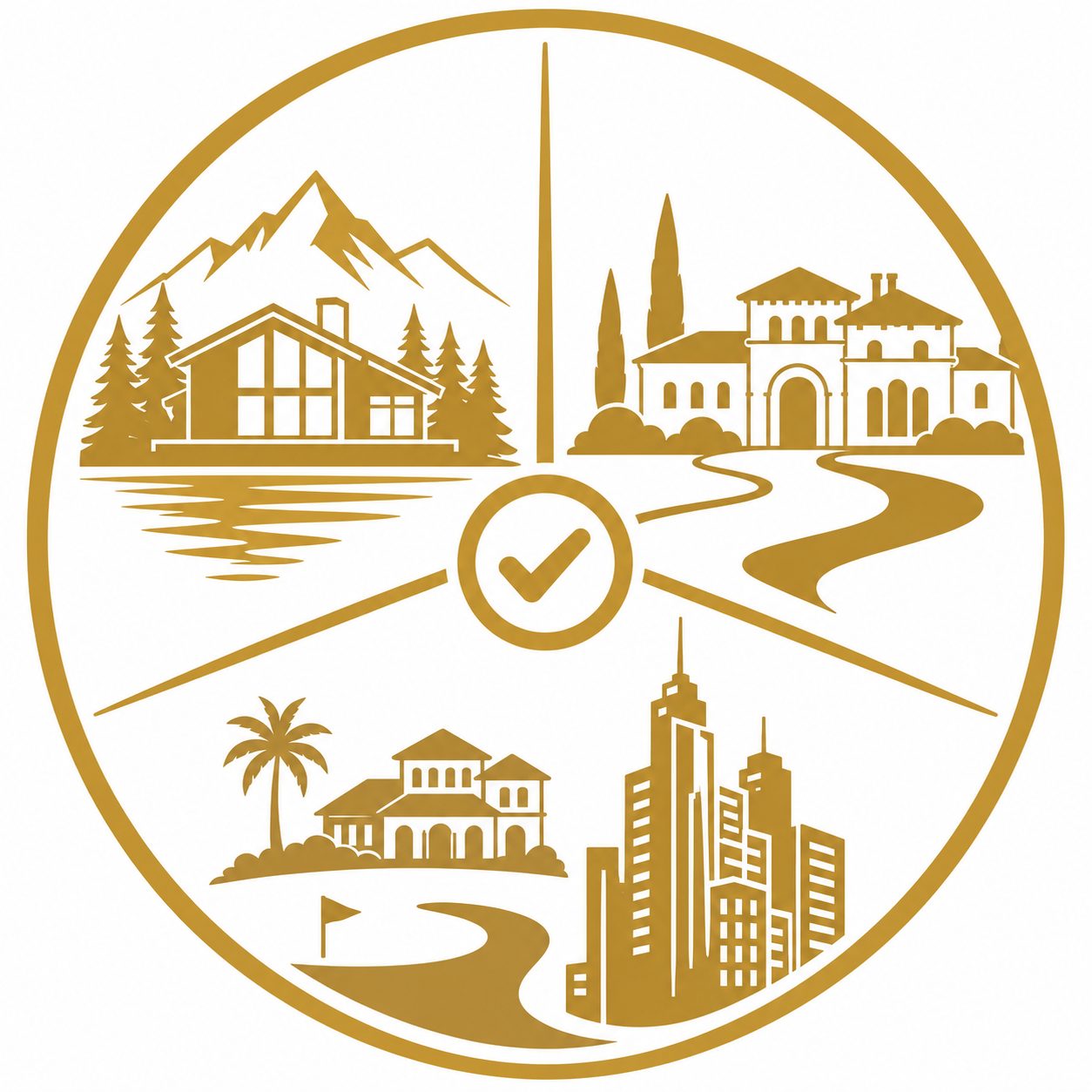Gold vector icon comparing lakefront homes, mountain retreats, private estates, golf communities, and urban luxury