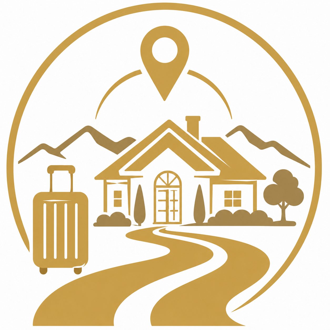 Gold vector icon of a luxury home with suitcase, location pin, and East Tennessee mountains