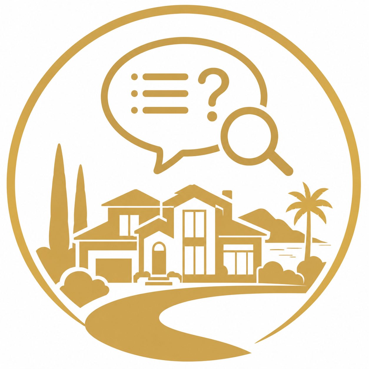 Gold vector icon of a luxury home with question bubble and magnifying glass